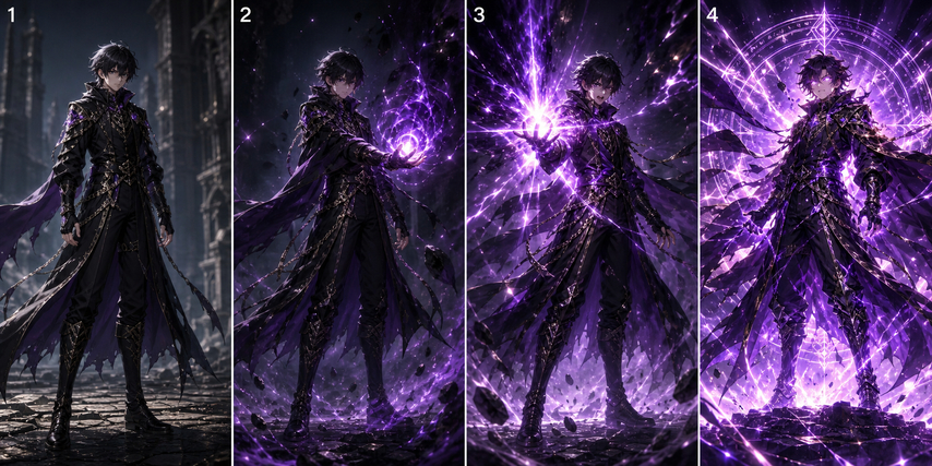 ファンタジー系能力発動シーケンス4コマAI絵コンテ