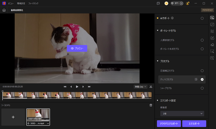 プロフェッショナルノイズ除去モデルを使用して猫の動画を強化