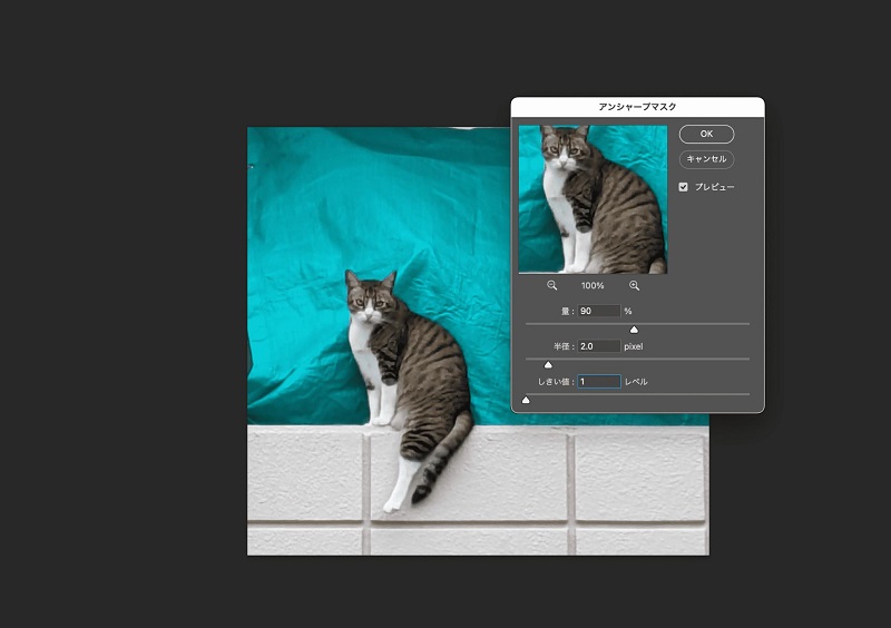 アンシャープマスクの設定項目を調整する画面