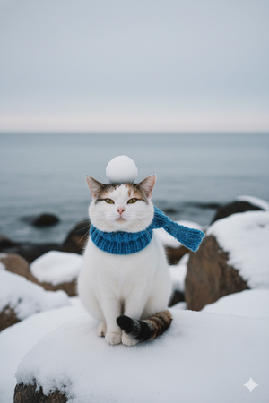 雪の中に座る猫