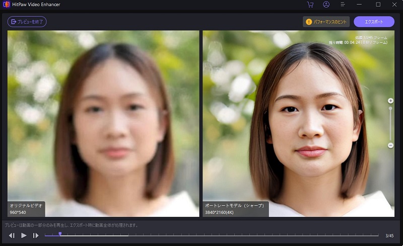 処理前後の動画を拡大する操作画面