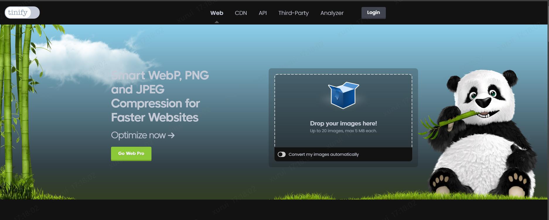 TinyPNGのウェブサイトをコンピュータに読み込み