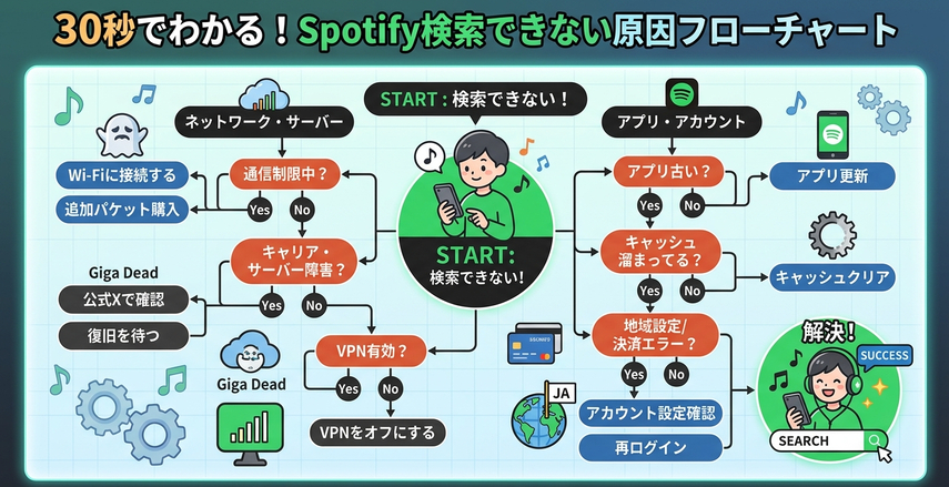 Spotifyで検索できない原因を30秒で自己诊断できるフローチャート