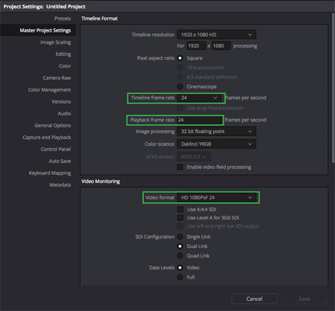 davinci resolveで解像度を変更する画面