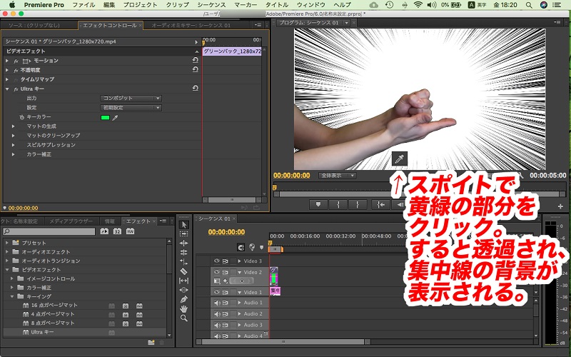Premiere Pro クロマキー合成でグリーン バックの背景を透過する操作画面-8