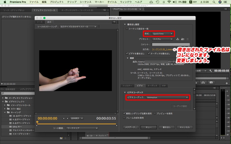 プレミア プロ 背景 透過 書き出し操作画面-2