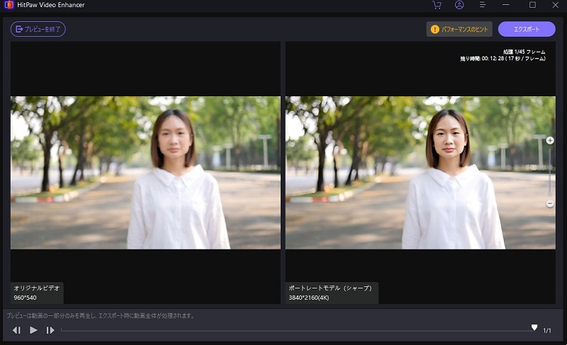 ノイズ除去した動画をプレビューするHitpawの操作画面