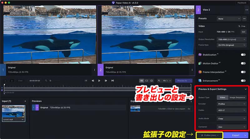 プレビューと書き出し設定を行う